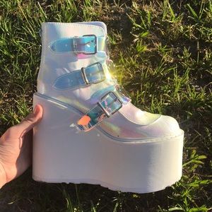 Demonia Holographic Platform Wedges⚡️🌈✨